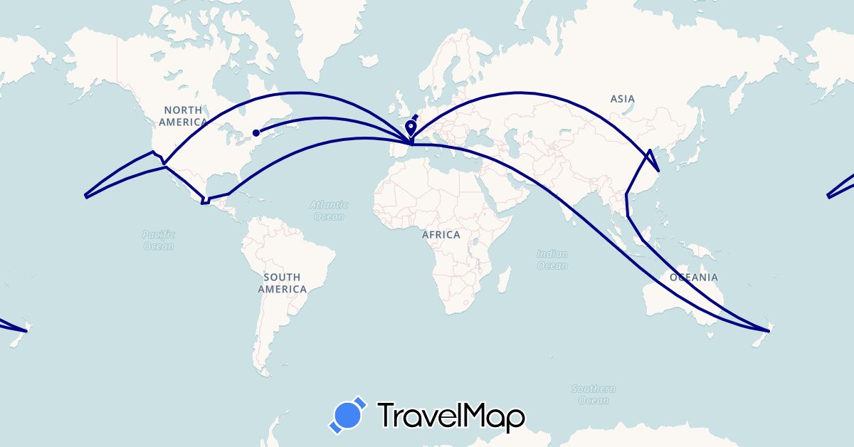 TravelMap itinerary: driving in Belgium, Canada, China, Spain, France, Indonesia, Mexico, New Zealand, United States, Vietnam (Asia, Europe, North America, Oceania)